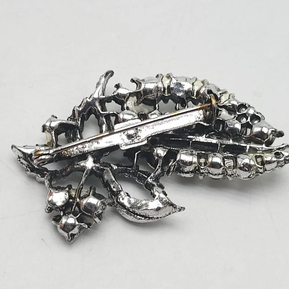 Vintage Leaf Brooch With Faux Pearls Clear AB Rhinestones Mid Century